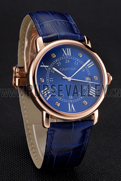 Cartier Ronde Solo Blue Dial Diamond Hour Marks Rose Gold Case Blue Leather Strap