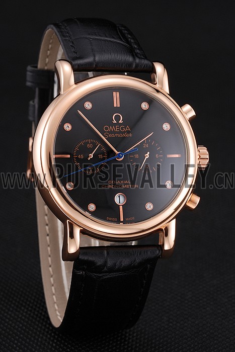 Omega Seamaster Vintage Chronograph Black Dial Diamond Hour Marks Rose Gold Case Black Leather Strap