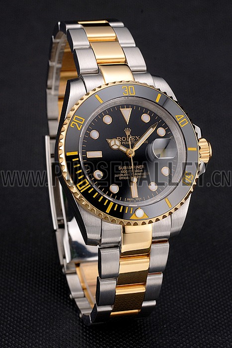 Swiss Rolex Submariner Black Dial And Bezel Two Tone Steel Gold Bracelet