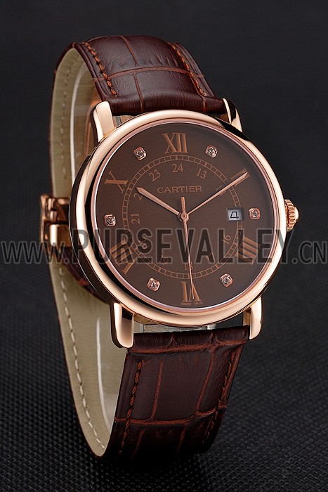 Cartier Ronde Solo Brown Dial Diamond Hour Marks Rose Gold Case Brown Leather Strap