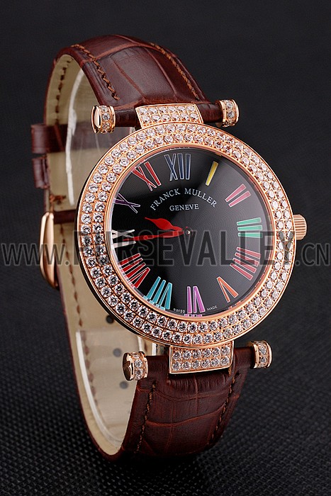 Franck Muller Double Mistery Ronde Black Dial Rose Gold Case Brown Leather Strap
