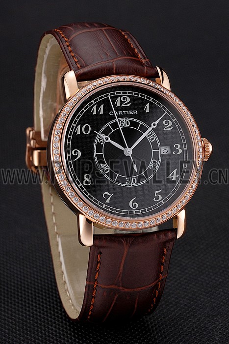 Cartier Ronde Solo Black Dial Diamond Bezel Rose Gold Case Brown Leather Strap