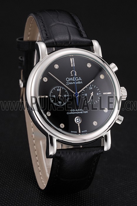 Omega Seamaster Vintage Chronograph Black Dial Diamond Hour Marks Stainless Steel Case Black Leather Strap