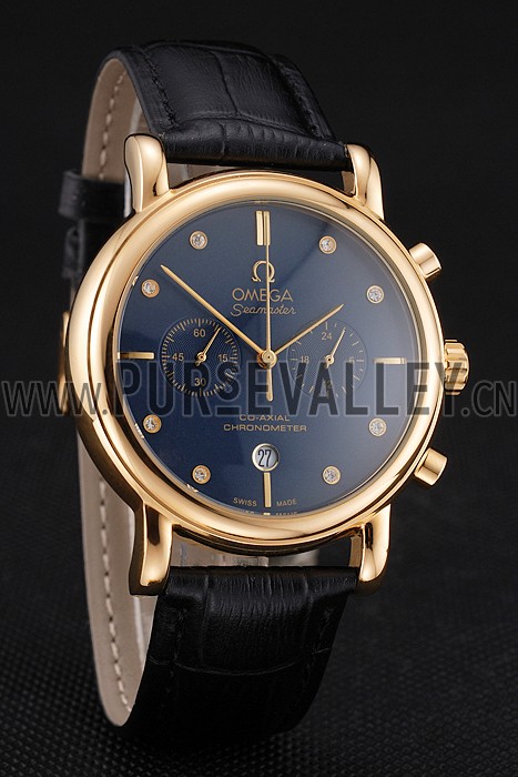 Omega Seamaster Vintage Chronograph Blue Dial Diamond Hour Marks Gold Case Black Leather Strap