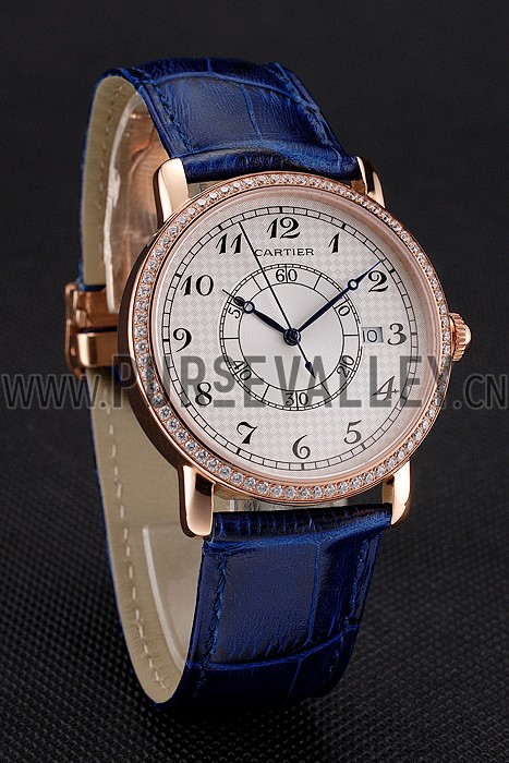 Cartier Ronde Solo White Dial Diamond Bezel Rose Gold Case Blue Leather Strap