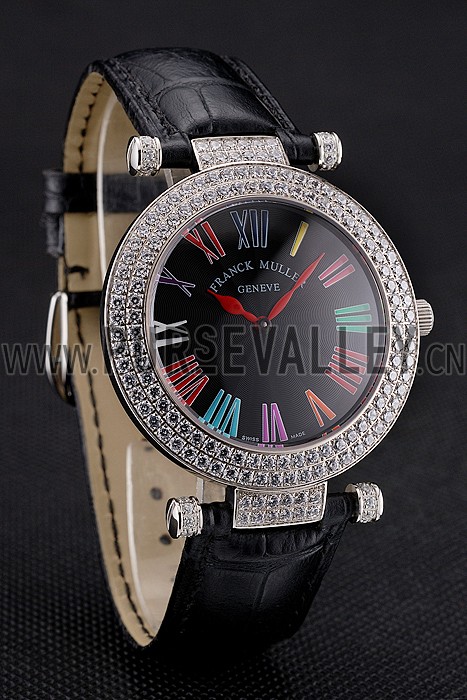 Franck Muller Double Mistery Ronde Black Dial Stainless Steel Case Black Leather Strap