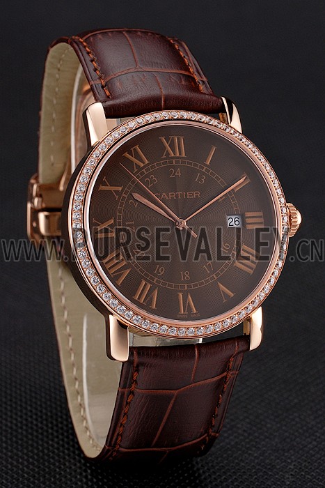 Cartier Ronde Solo Brown Dial Diamond Bezel Rose Gold Case Brown Leather Strap