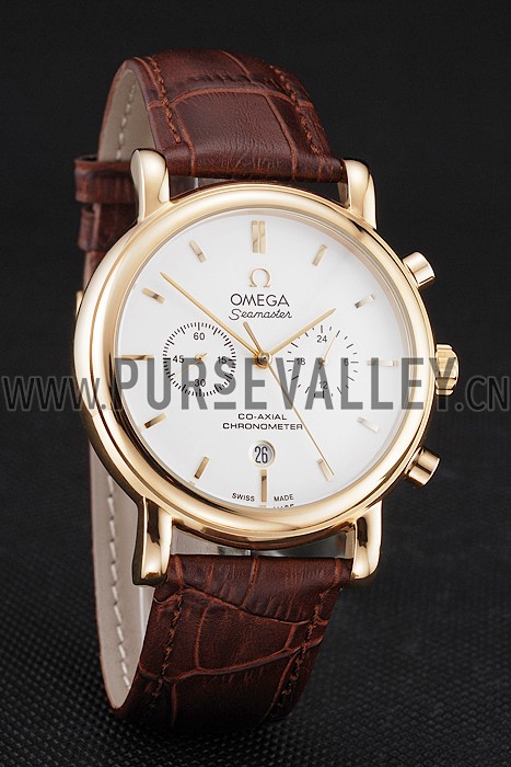 Omega Seamaster Vintage Chronograph White Dial Gold Case Brown Leather Strap