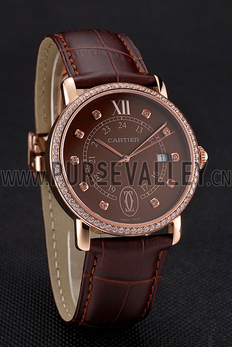 Cartier Ronde Solo Brown Dial Diamond Hour Marks And Bezel Rose Gold Case Brown Leather Strap