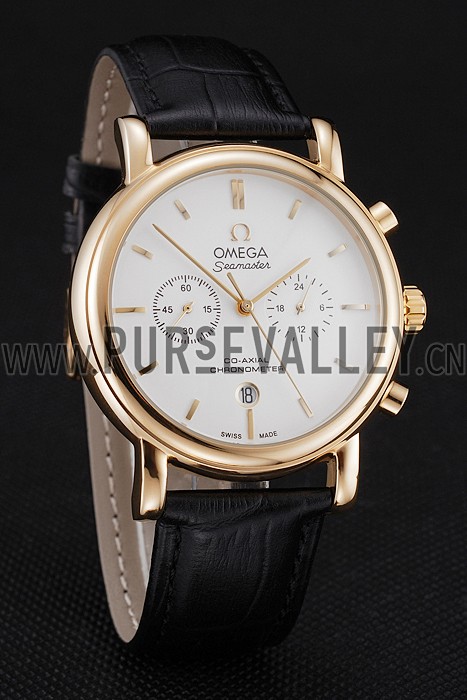 Omega Seamaster Vintage Chronograph White Dial Gold Case Black Leather Strap