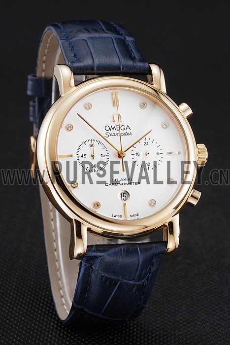 Omega Seamaster Vintage Chronograph White Dial Diamond Hour Marks Gold Case Blue Leather Strap