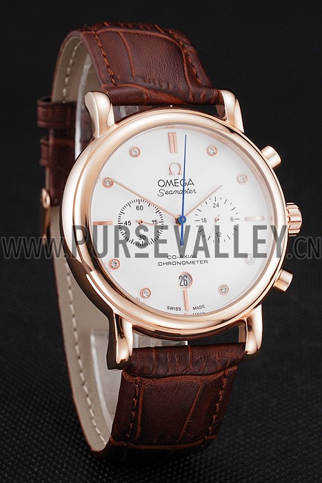 Omega Seamaster Vintage Chronograph White Dial Diamond Hour Marks Rose Gold Case Brown Leather Strap