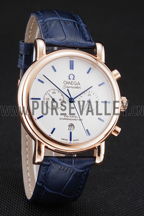 Omega Seamaster Vintage Chronograph White Dial Blue Hour Marks Rose Gold Case Blue Leather Strap