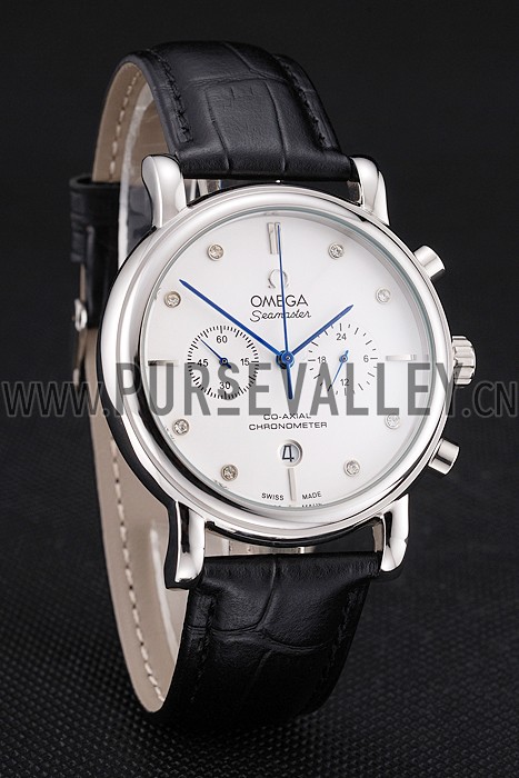 Omega Seamaster Vintage Chronograph White Dial Diamond Hour Marks Stainless Steel Case Black Leather Strap