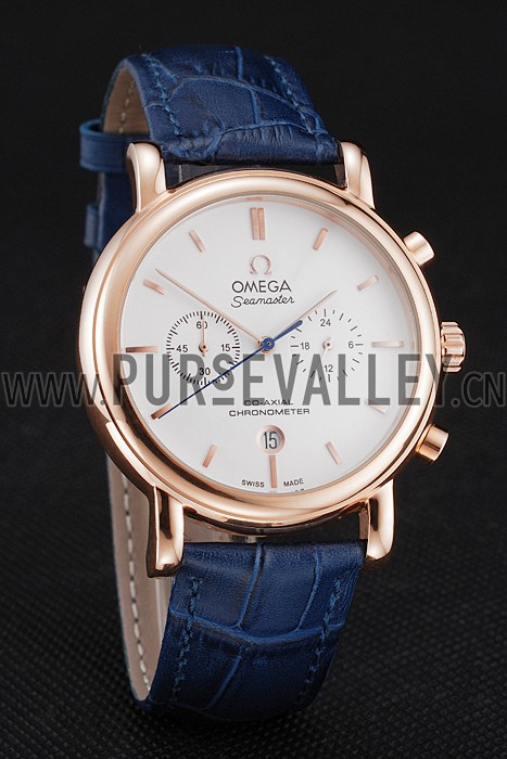 Omega Seamaster Vintage Chronograph White Dial Rose Gold Case Blue Leather Strap