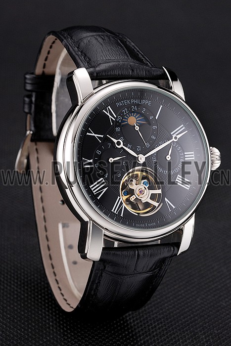 Patek Philippe Grand Complications Moonphase Perpetual Calendar Tourbillon Black Dial Stainless Steel Case Black Leather Strap