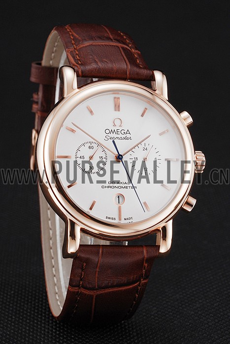 Omega Seamaster Vintage Chronograph White Dial Rose Gold Case Brown Leather Strap