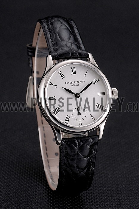 Patek Philippe Calatrava White Dial Roman Numerals Stainless Steel Case Black Leather Strap