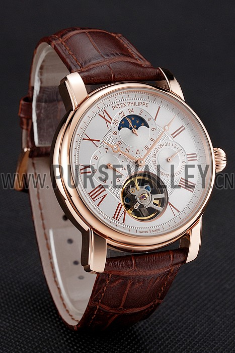 Patek Philippe Grand Complications Moonphase Perpetual Calendar Tourbillon White Dial Rose Gold Case Brown Leather Strap