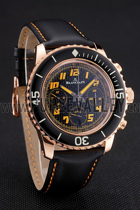 Swiss Blancpain Fifty Fathoms Flyback Chronograp Carbon Fiber Dial Rose Gold Case Black Leather Strap