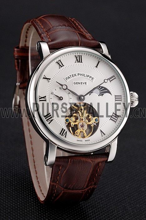 Patek Philippe Complications Moonphase Tourbillon White Dial Stainless Steel Case Brown Leather Strap