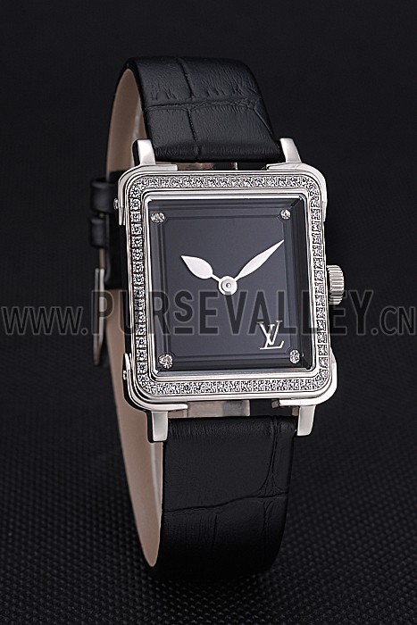 Louis Vuitton Emprise Black Dial Stainless Steel Case With Jewels Black Leather Strap 622789