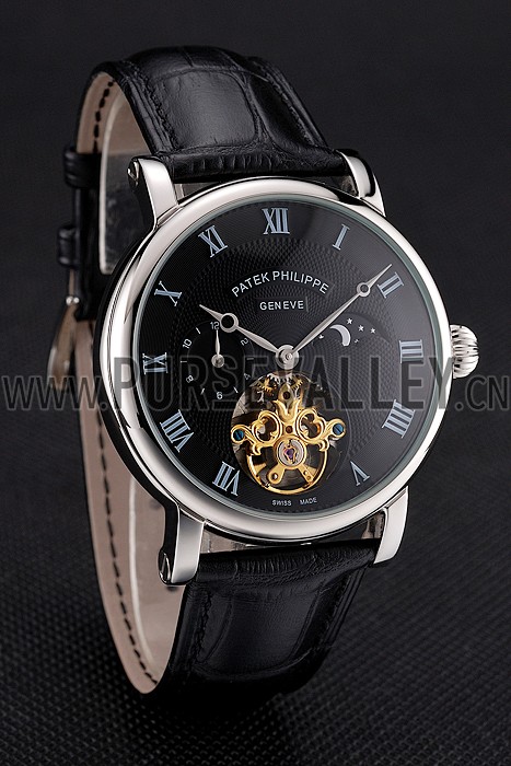 Patek Philippe Complications Moonphase Tourbillon Black Dial Stainless Steel Case Black Leather Strap