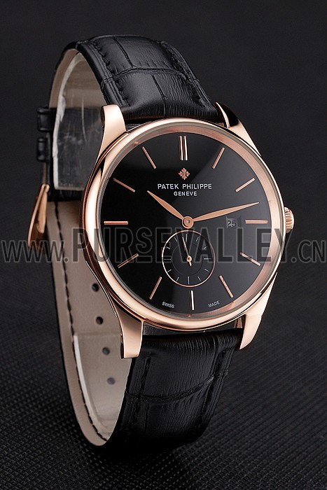 Patek Philippe Calatrava Date Black Dial Rose Gold Case Black Leather Strap