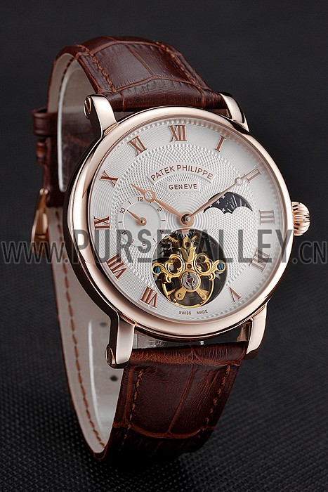 Patek Philippe Complications Moonphase Tourbillon White Dial Rose Gold Case Brown Leather Strap