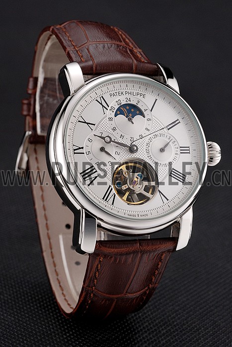 Patek Philippe Grand Complications Moonphase Perpetual Calendar Tourbillon White Dial Stainless Steel Case Brown Leather Strap