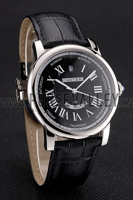 Swiss Cartier Rotonde Annual Calendar Black Dial Stainless Steel Case Black Leather Strap
