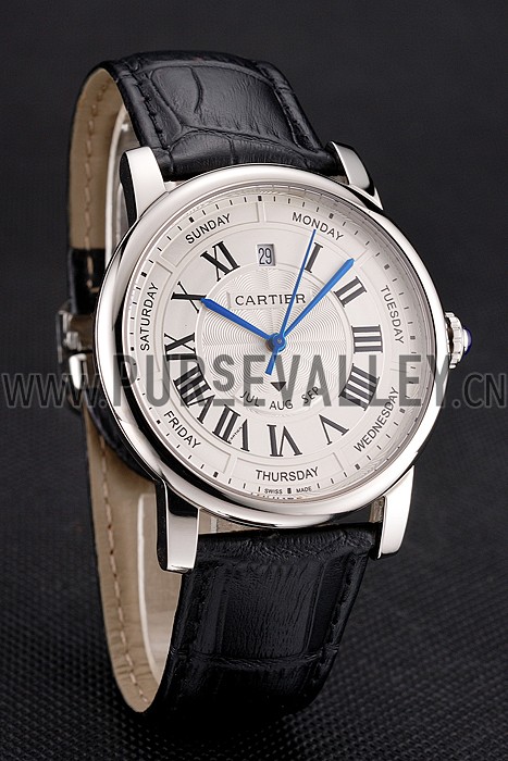 Swiss Cartier Rotonde Annual Calendar White Dial Stainless Steel Case Black Leather Strap