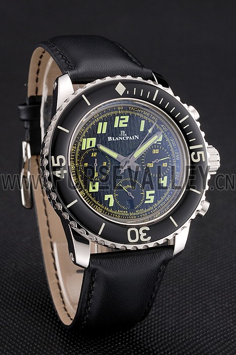 Swiss Blancpain Fifty Fathoms Flyback Chronograph Carbon Fiber Dial Stainless Steel Case Black Leather Strap