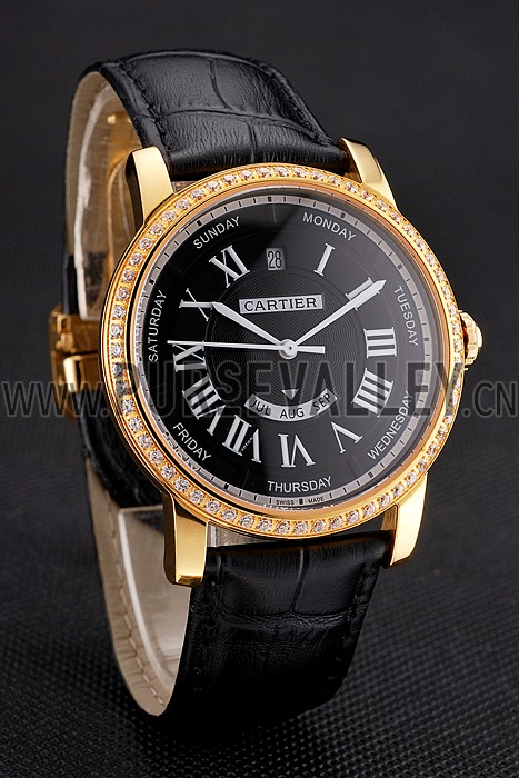 Swiss Cartier Rotonde Annual Calendar Black Dial Diamond Bezel Gold Case Black Leather Strap