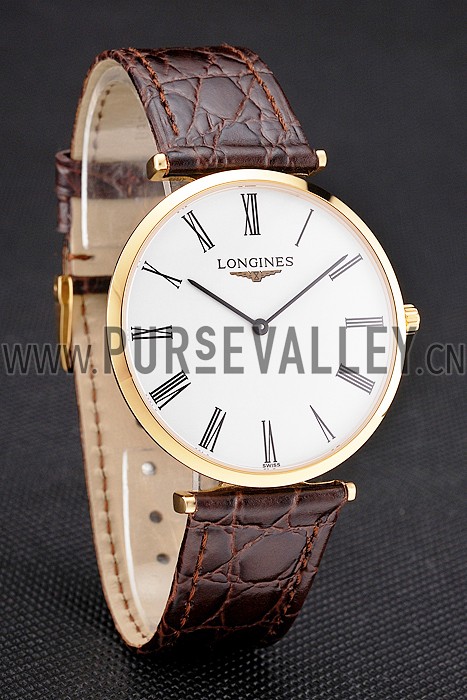Swiss Longines Grande Classique White Dial Roman Numerals Gold Case Brown Leather Strap