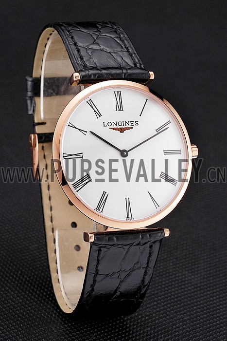 Swiss Longines Grande Classique White Dial Roman Numerals Rose Gold Case Black Leather Strap