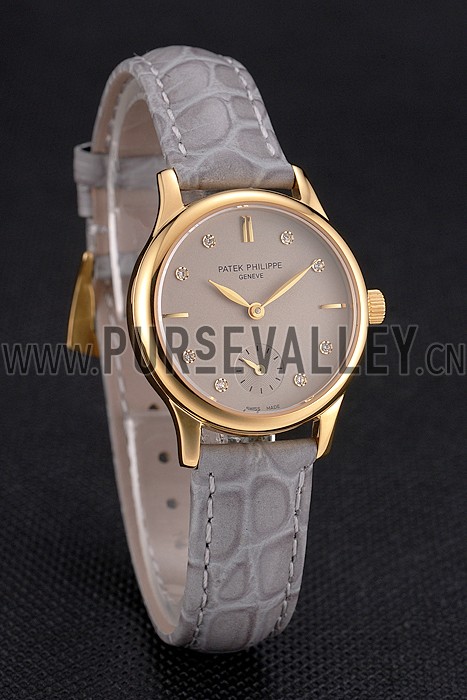 Patek Philippe Calatrava Gray Dial Diamond Markings Gold Case Gray Leather Strap