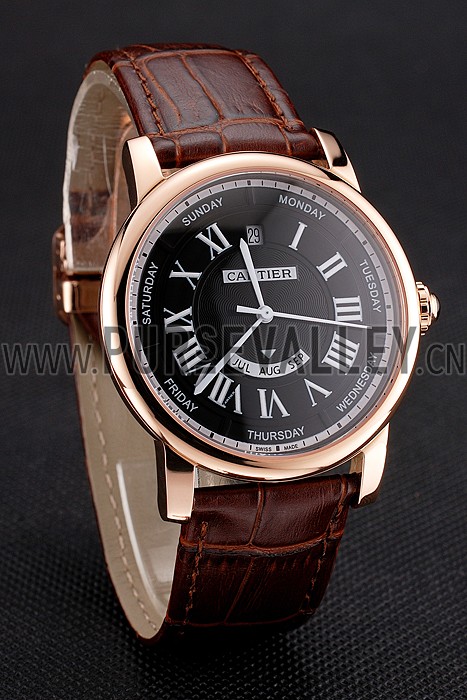 Swiss Cartier Rotonde Annual Calendar Black Dial Rose Gold Case Brown Leather Strap