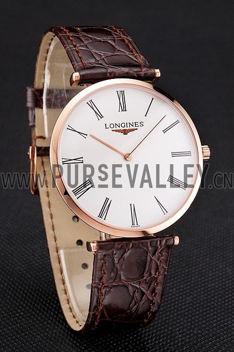 Swiss Longines Grande Classique White Dial Roman Numerals Rose Gold Case Brown Leather Strap