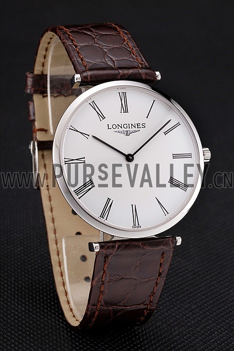 Swiss Longines Grande Classique White Dial Roman Numerals Stainless Steel Case Brown Leather Strap