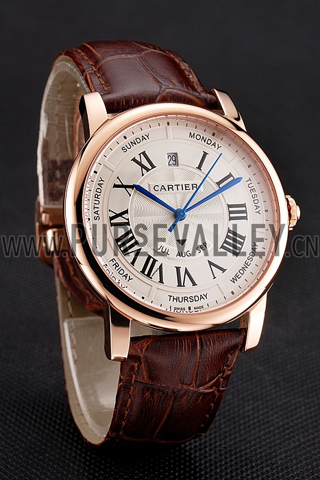Swiss Cartier Rotonde Annual Calendar White Dial Rose Gold Case Brown Leather Strap