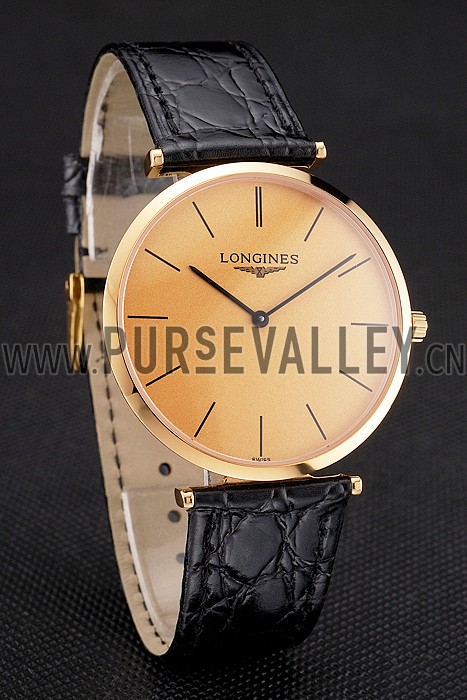 Swiss Longines Grande Classique Gold Dial Gold Case Black Leather Strap