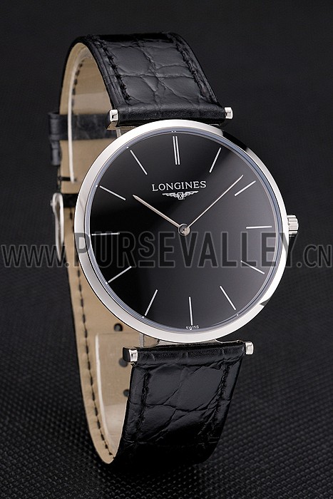 Swiss Longines Grande Classique Black Dial Stainless Steel Case Black Leather Strap