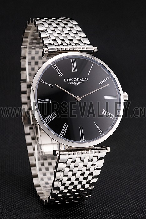 Swiss Longines Grande Classique Black Dial Roman Numerals Stainless Steel Case And Bracelet