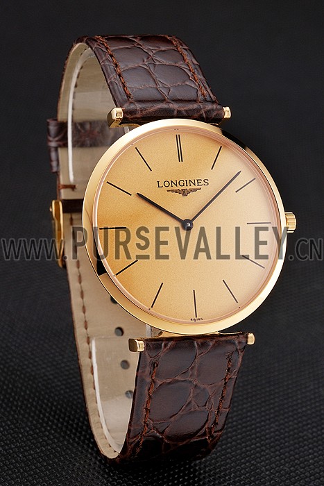 Swiss Longines Grande Classique Gold Dial Gold Case Brown Leather Strap