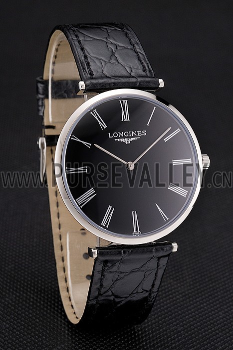 Swiss Longines Grande Classique Black Dial Roman Numerals Stainless Steel Case Black Leather Strap