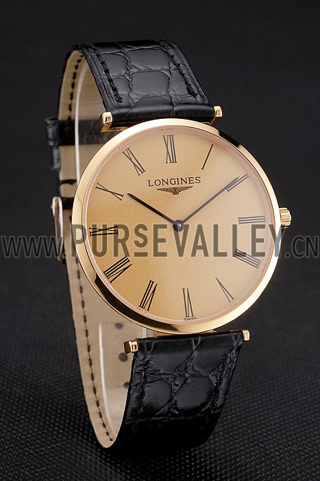 Swiss Longines Grande Classique Gold Dial Roman Numerals Gold Case Black Leather Strap