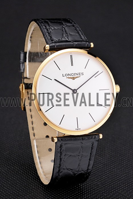 Swiss Longines Grande Classique White Dial Gold Case Black Leather Strap