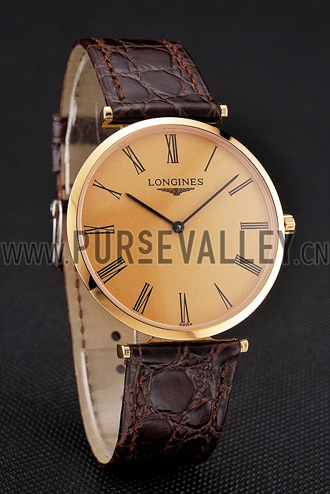 Swiss Longines Grande Classique Gold Dial Roman Numerals Gold Case Brown Leather Strap