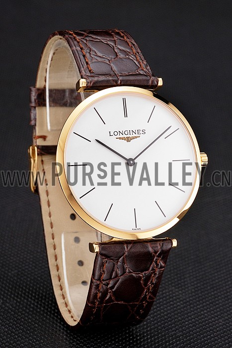 Swiss Longines Grande Classique White Dial Gold Case Brown Leather Strap